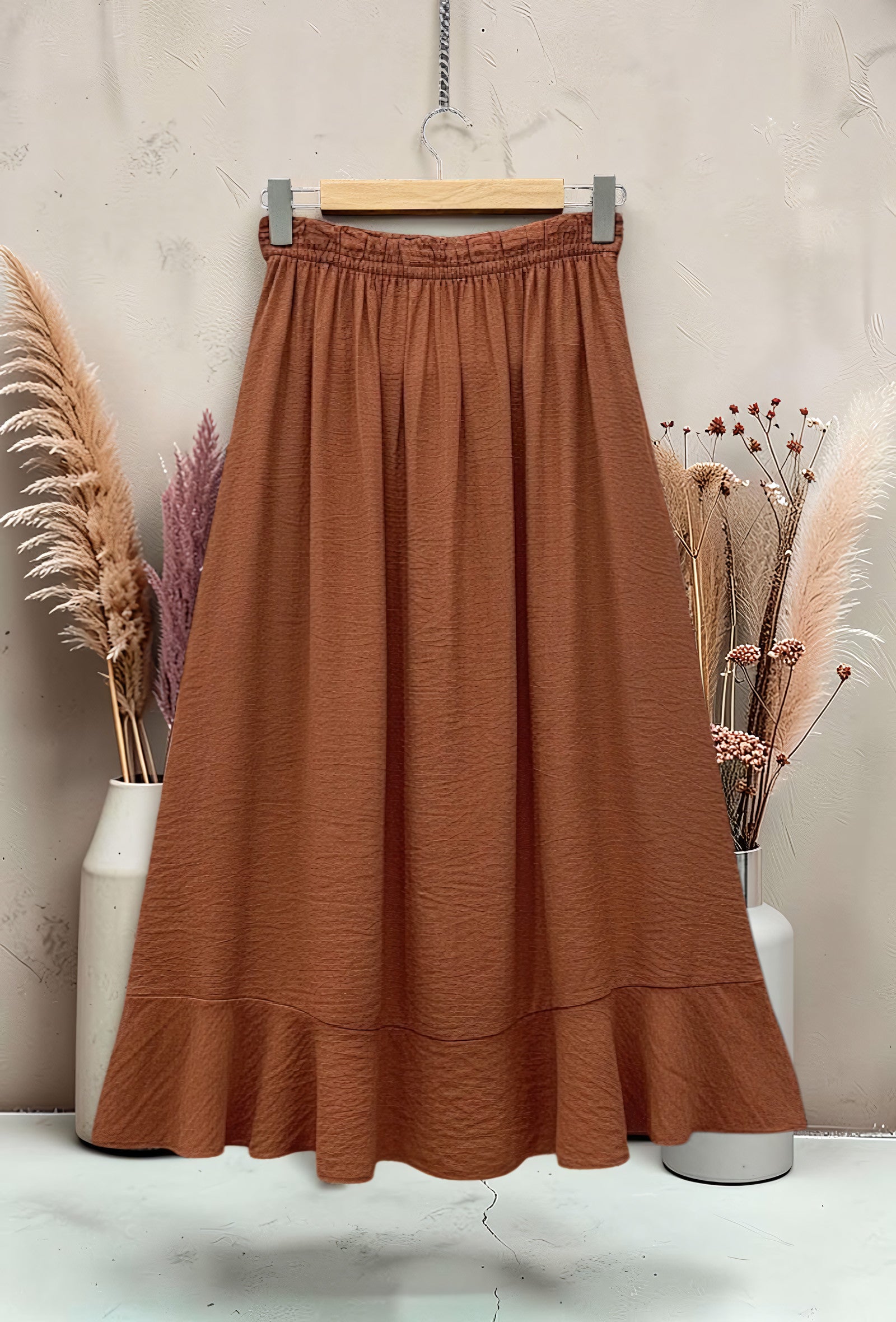 Jupe Bohème Chic en Viscose Taille Élastique Terracotta – La Muse Parisienne – vue 2
