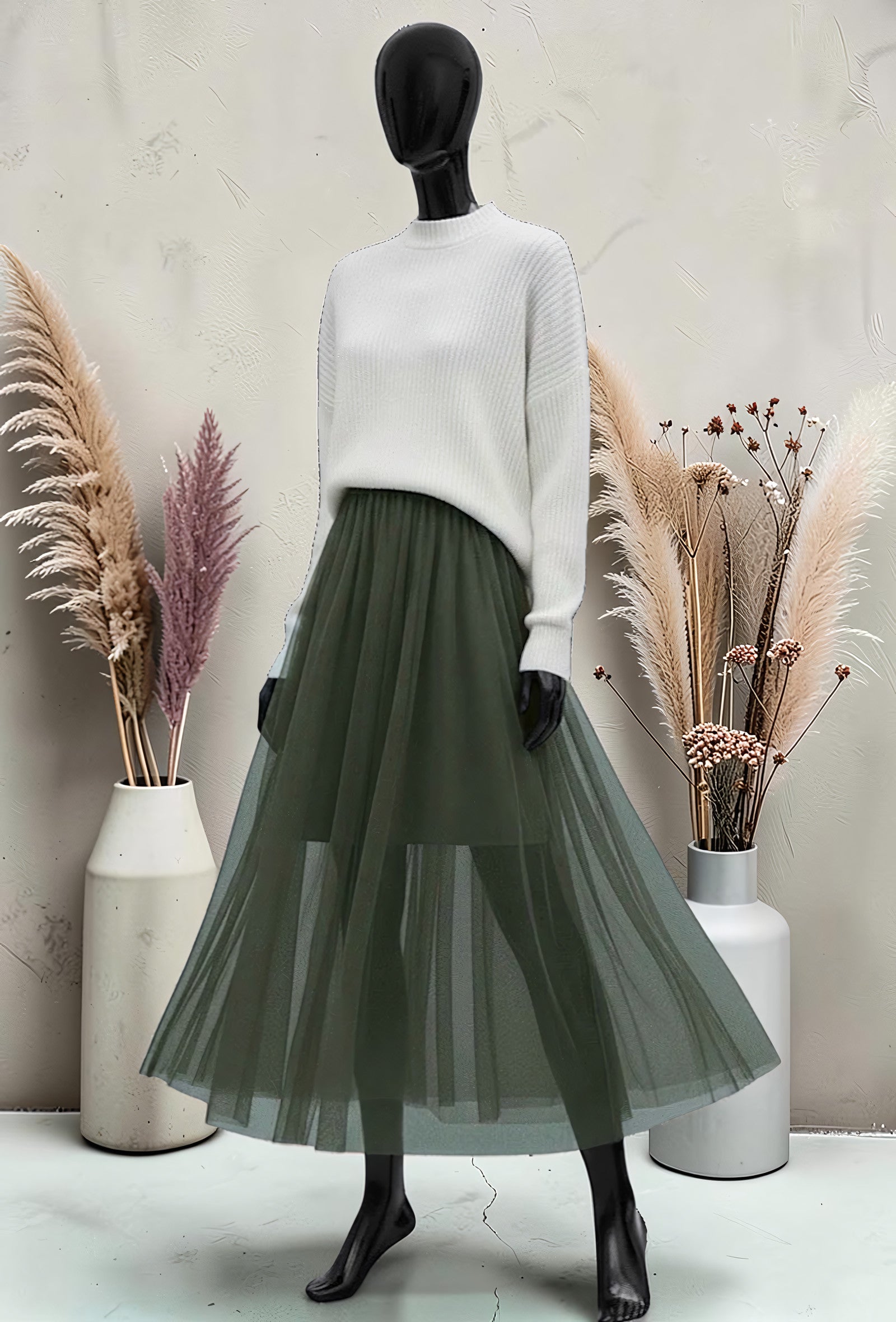 Jupe Courte en Tulle Doublée Kaki – La Muse Parisienne – vue 1