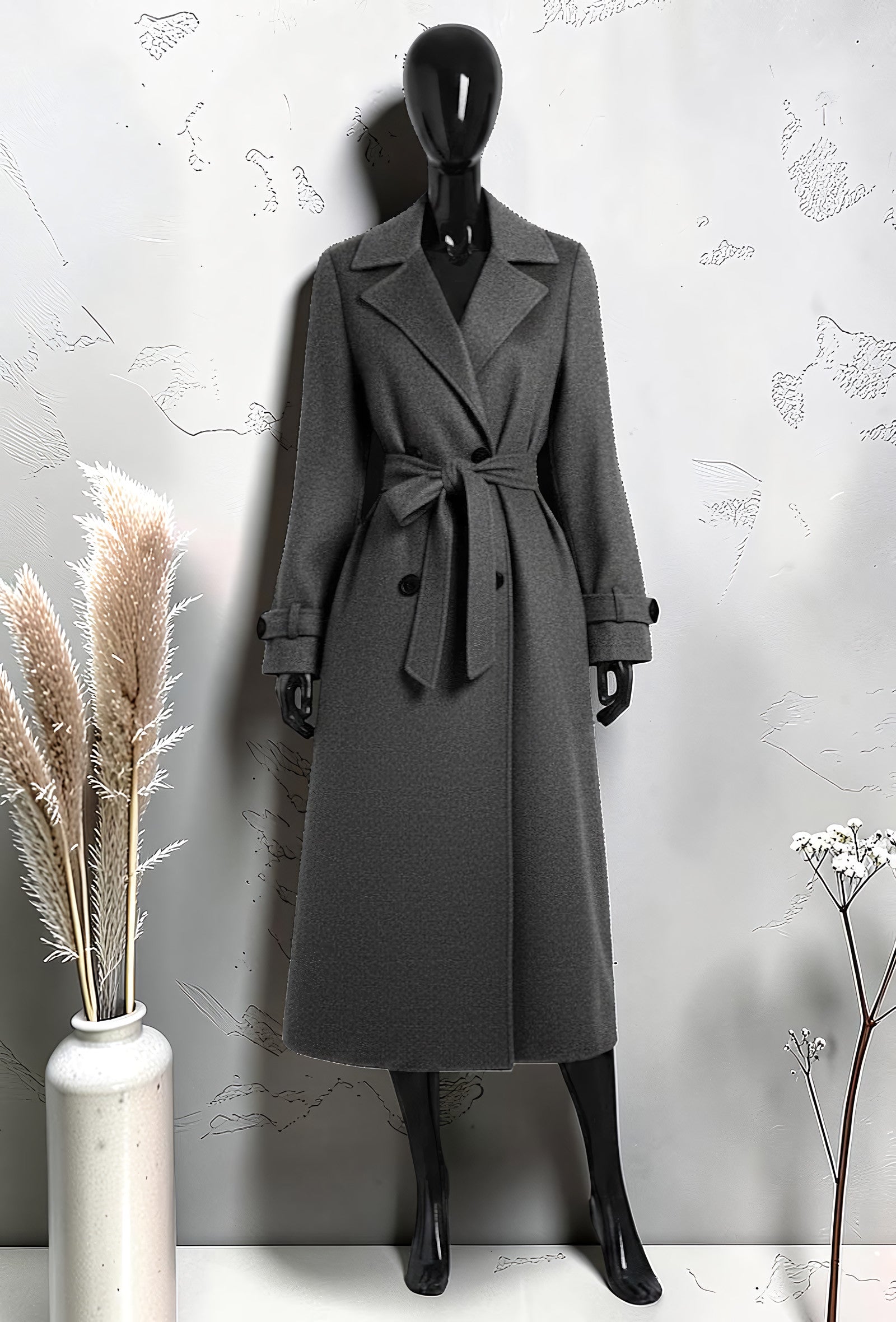 Manteau Long en Drap de Laine Ceinturé Anthracite