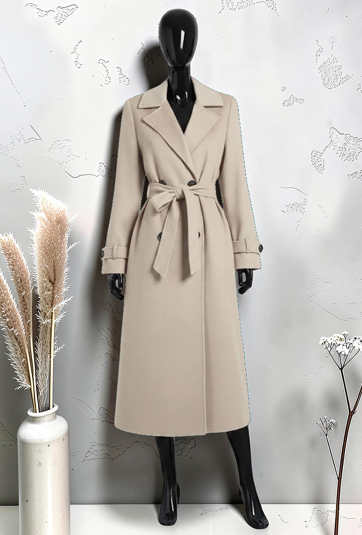 Manteau Long en Drap de Laine Ceinturé Beige