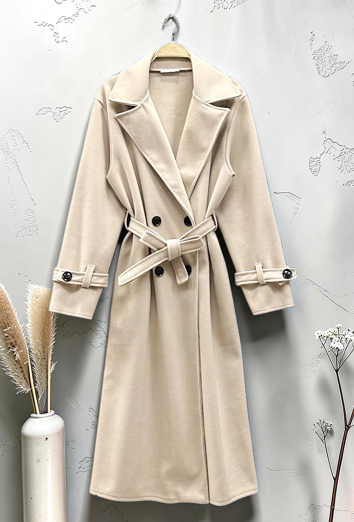 Manteau Long en Drap de Laine Ceinturé Beige