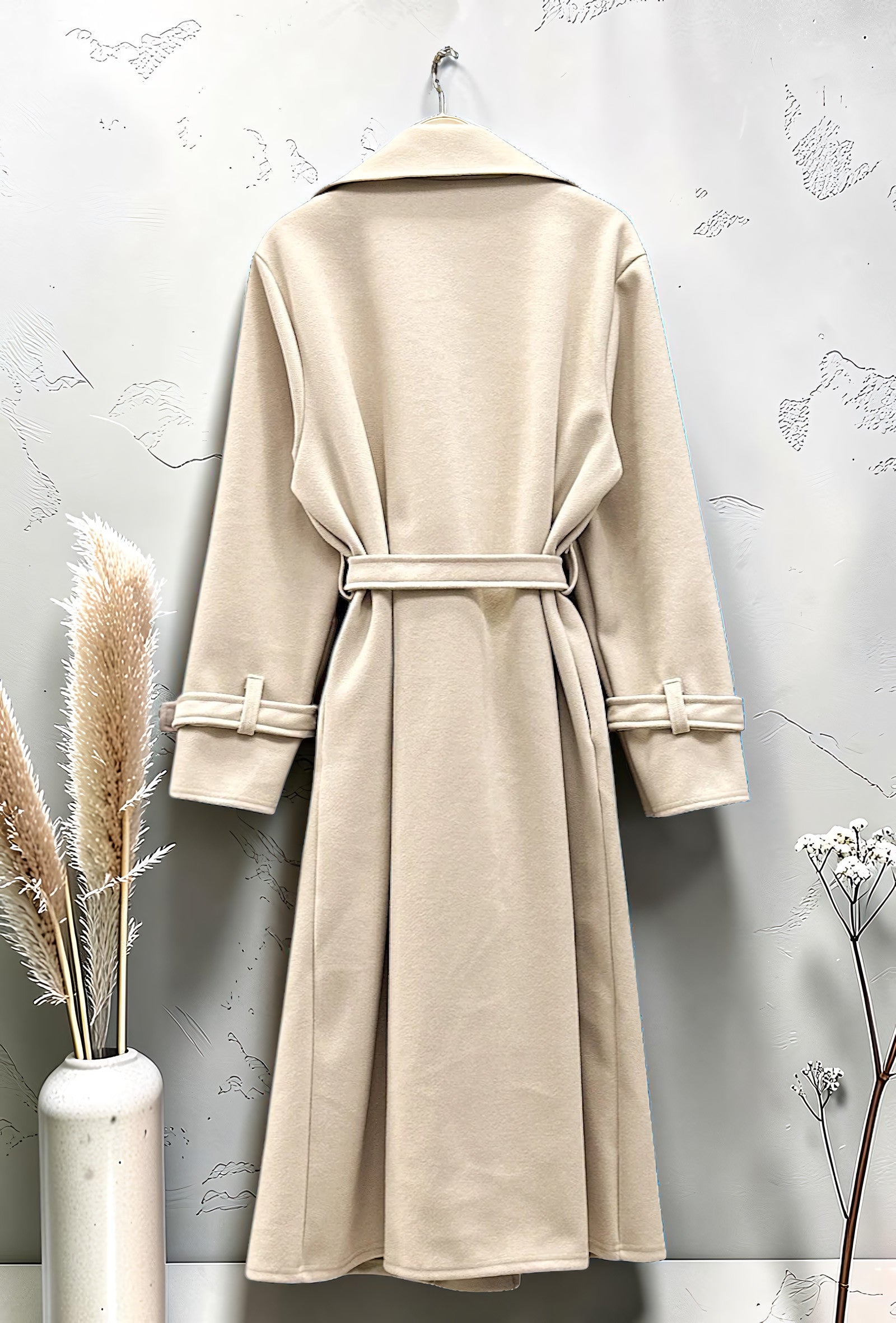Manteau Long en Drap de Laine Ceinturé Beige