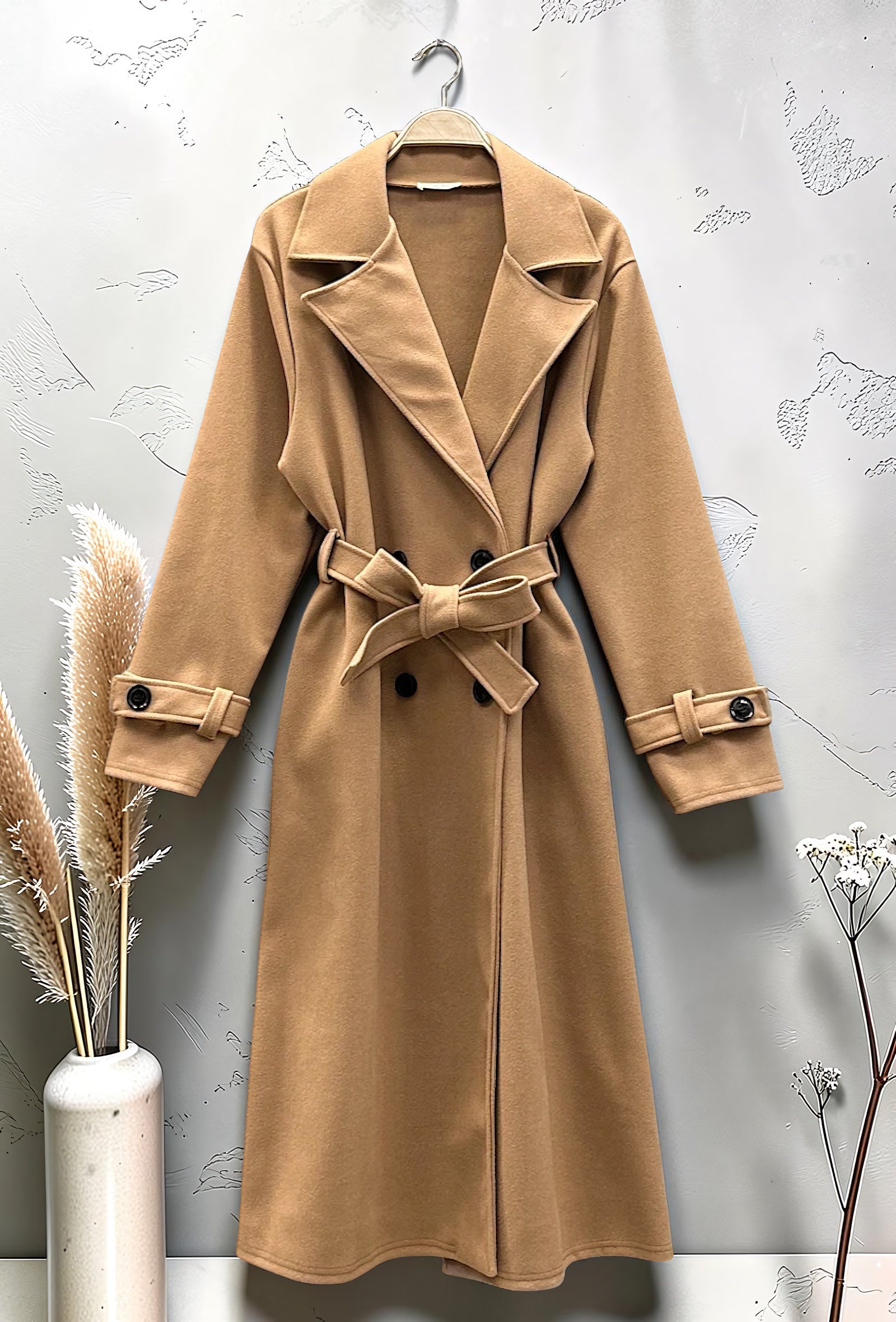 Manteau Long en Drap de Laine Ceinturé Caramel