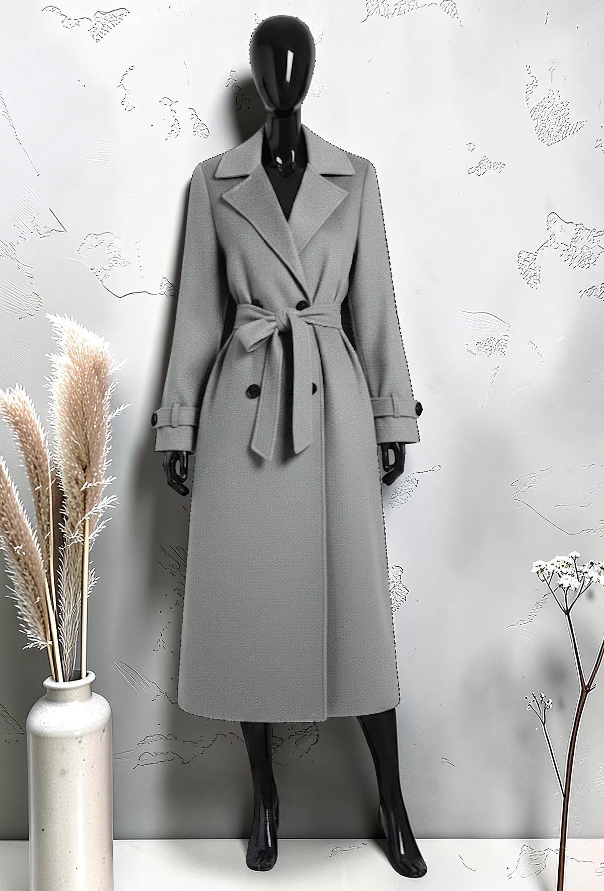 Manteau Long en Drap de Laine Ceinturé Gris