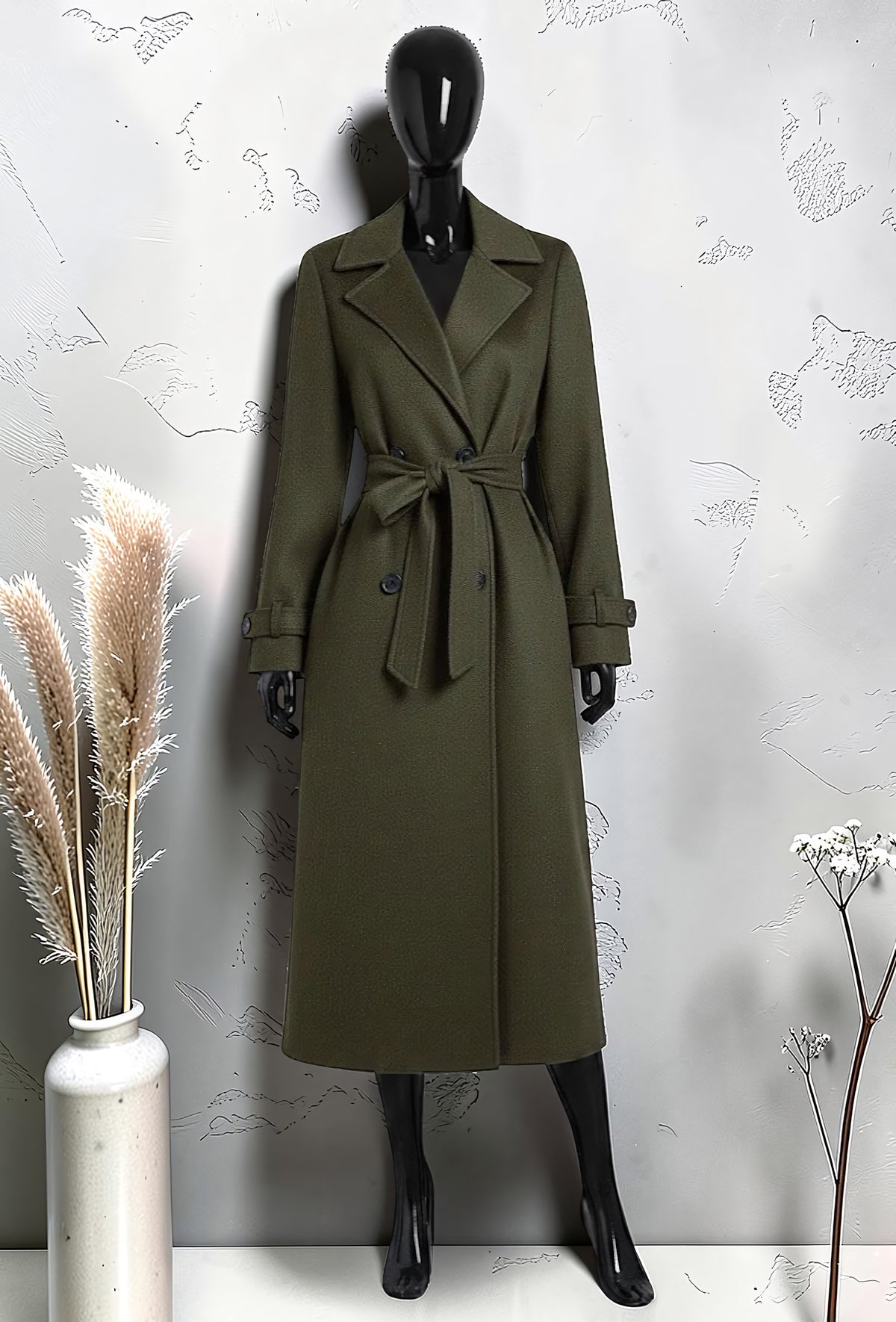 Manteau Long en Drap de Laine Ceinturé Kaki