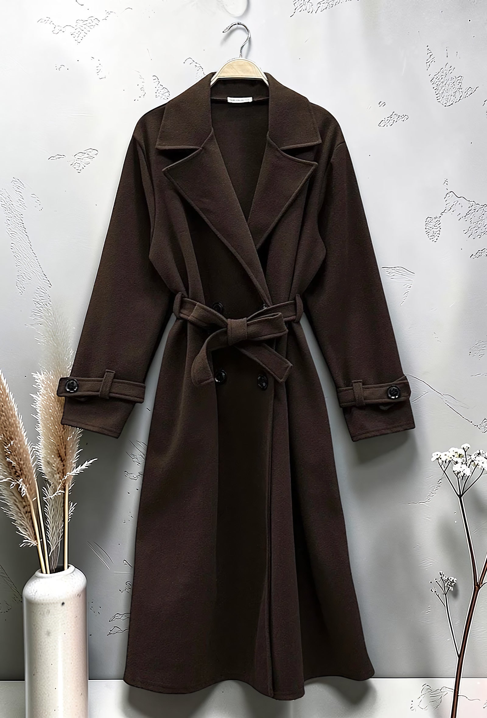 Manteau Long en Drap de Laine Ceinturé Marron Foncé