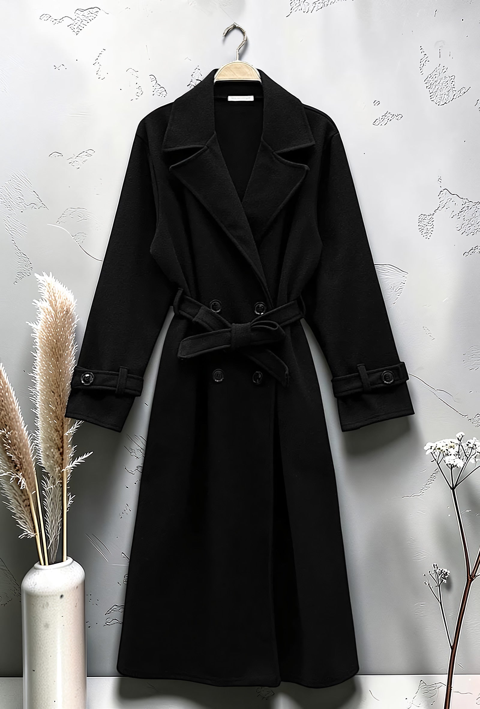 Manteau Long en Drap de Laine Ceinturé Noir
