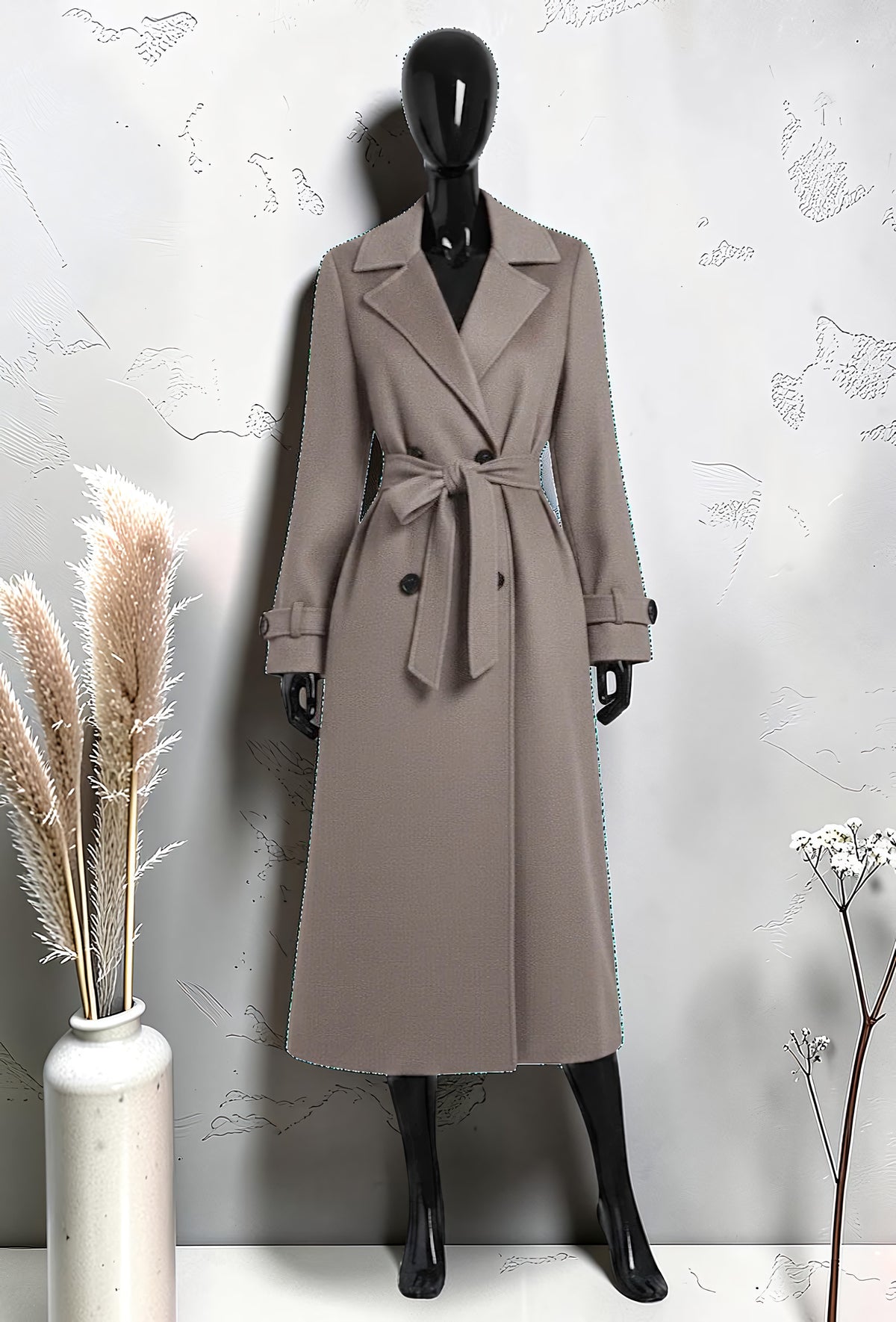 Manteau Long en Drap de Laine Ceinturé Taupe