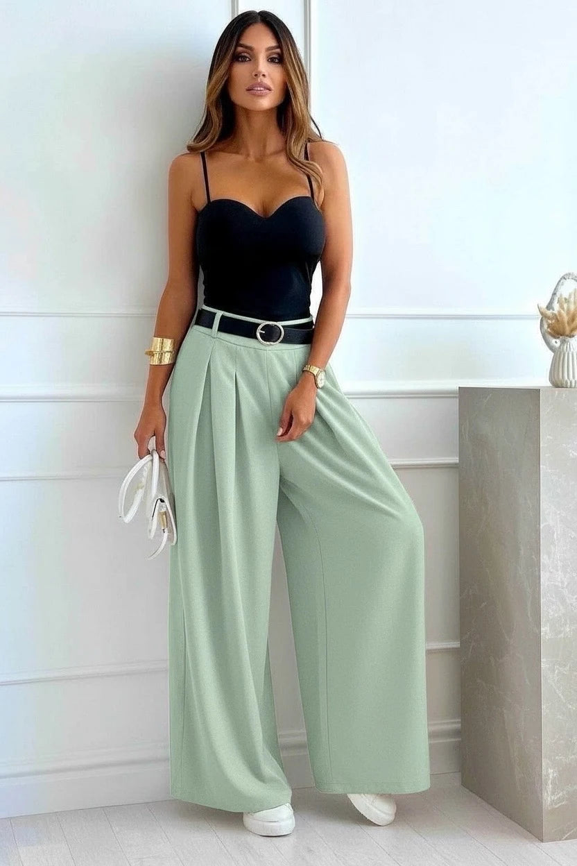 Pantalon Large Taille Haute Élégance Fluide Vert d'Eau — Collection 2026