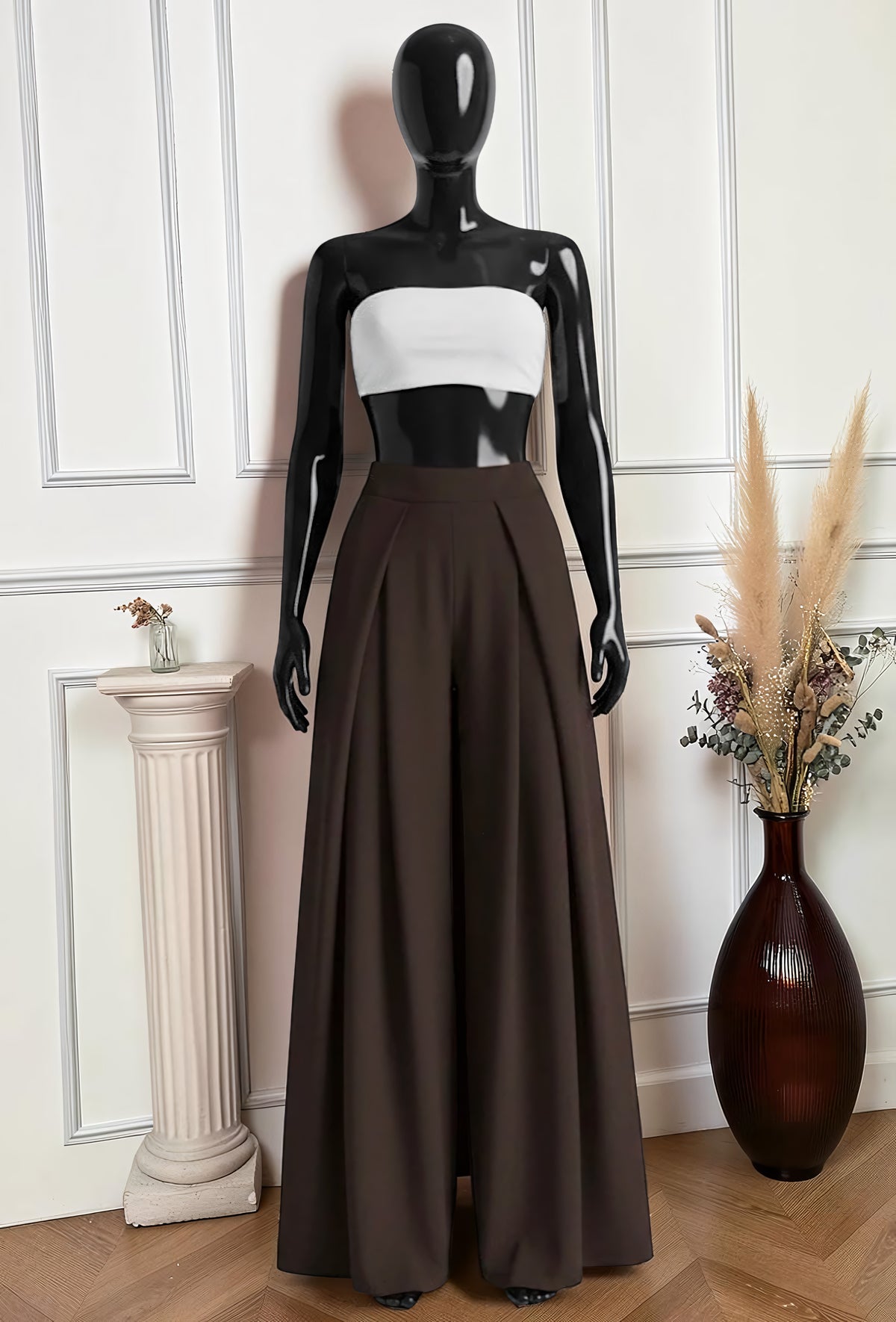 Pantalon Merveilleuse Palazzo Fluide Marron Foncé — Taille Haute Élastique – La Muse Parisienne – vue 1