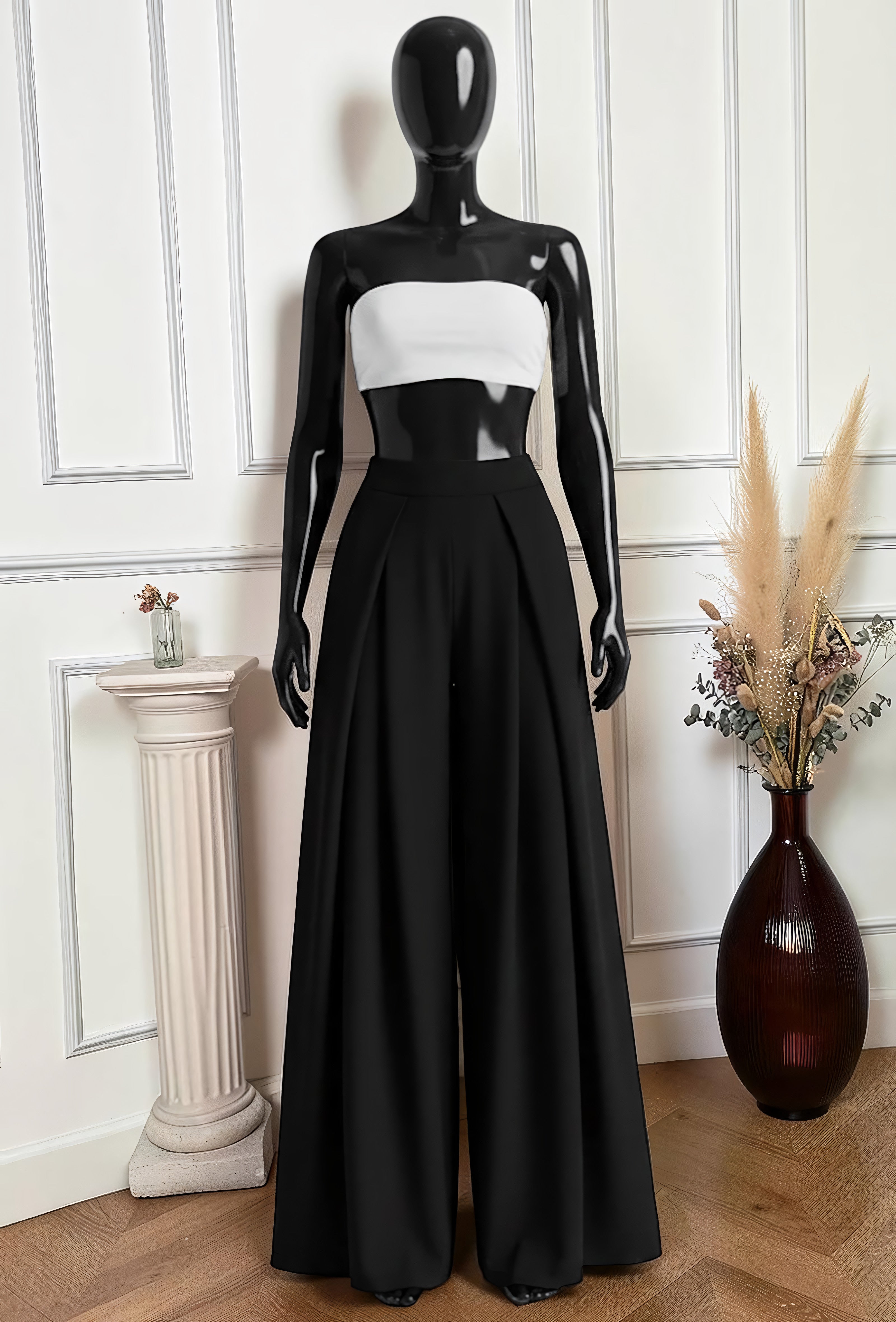 Pantalon Merveilleuse Palazzo Fluide Noir — Taille Haute Élastique – La Muse Parisienne – vue 1