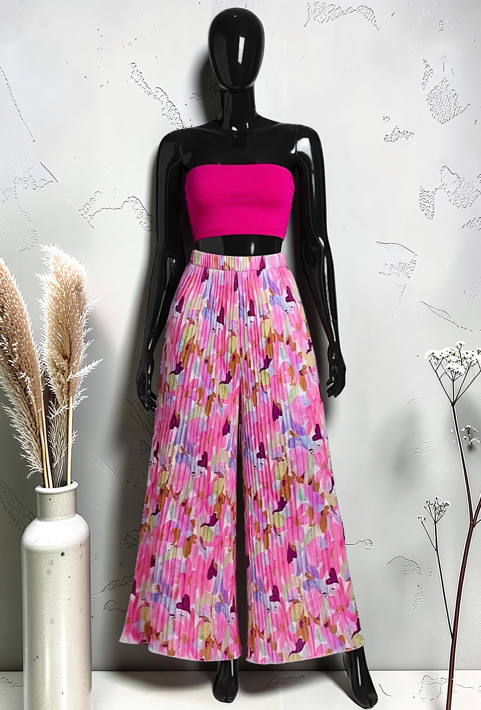 Pantalon Large Plissé Imprimé Doublé Fuchsia Aquarelle – La Muse Parisienne – vue 1