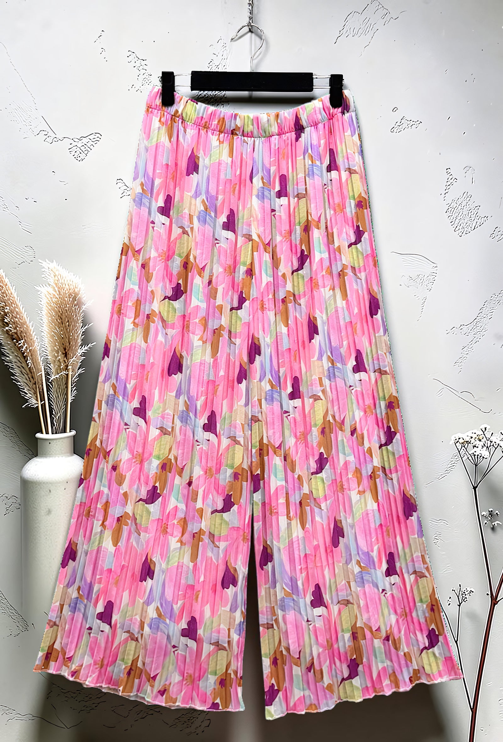 Pantalon Large Plissé Imprimé Doublé Fuchsia Aquarelle – La Muse Parisienne – vue 3