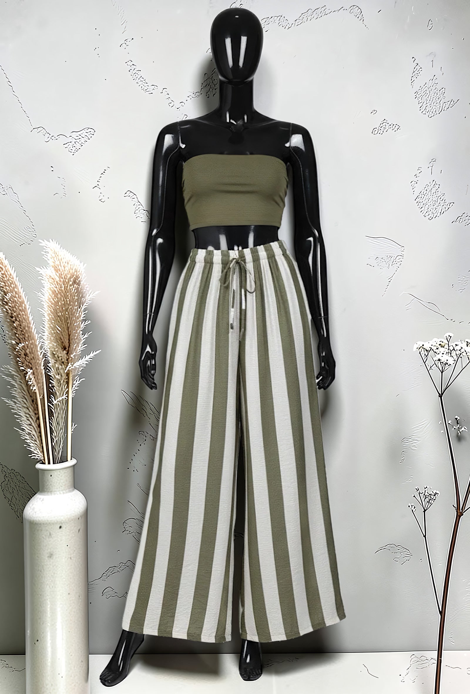 Pantalon Large à Rayures Taille Élastique Kaki – La Muse Parisienne – vue 1
