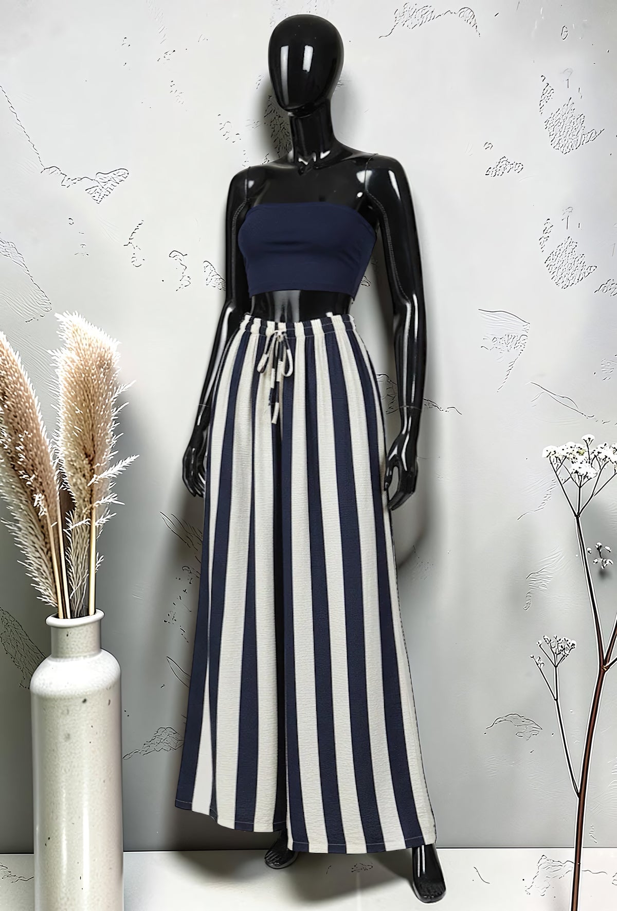 Pantalon Large à Rayures Taille Élastique Marine – La Muse Parisienne – vue 1