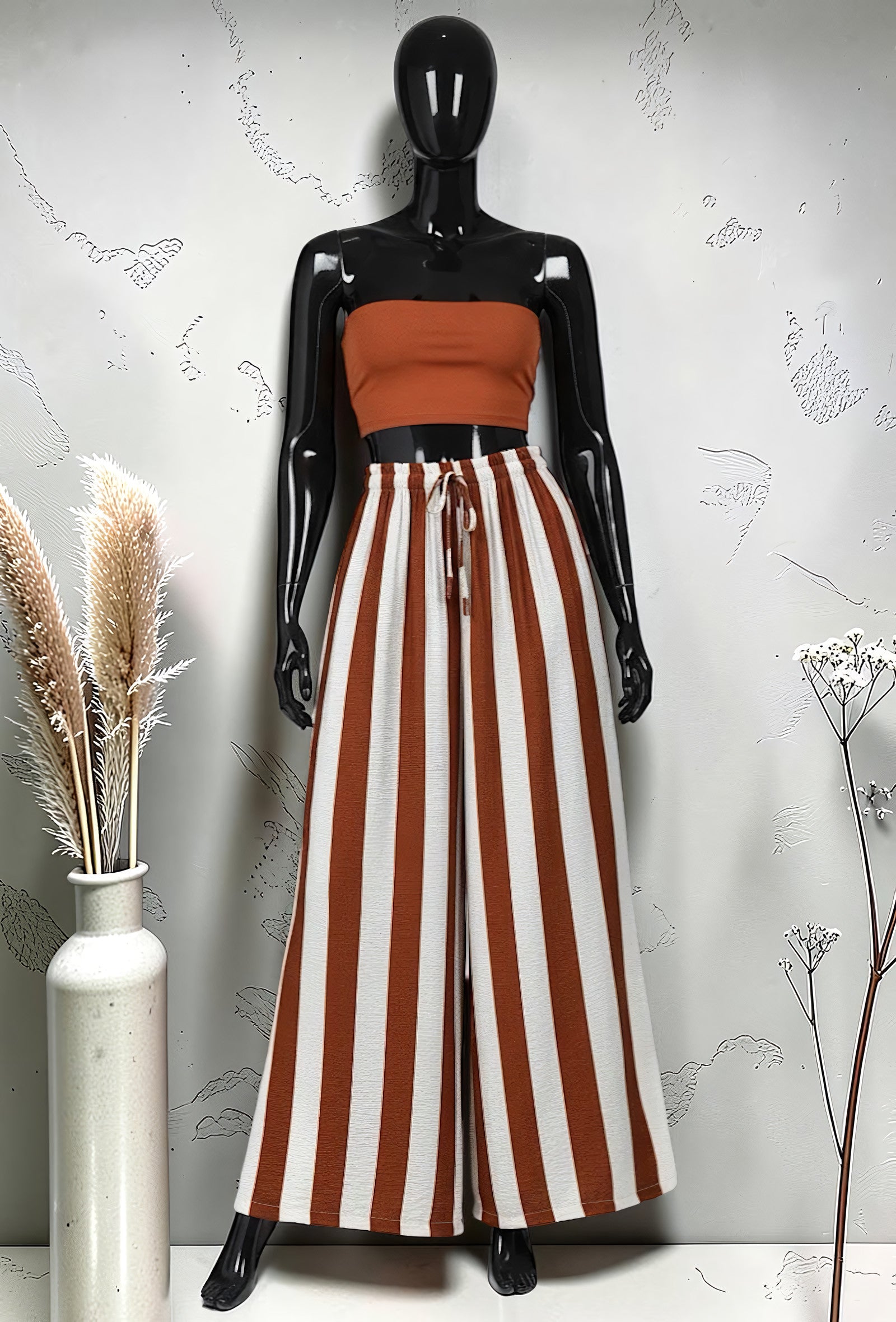 Pantalon Large à Rayures Taille Élastique Terracotta – La Muse Parisienne – vue 1
