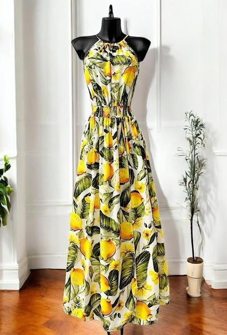 Robe Longue Fluide Imprimée Col Halter — Fente Avant | Collection 2026