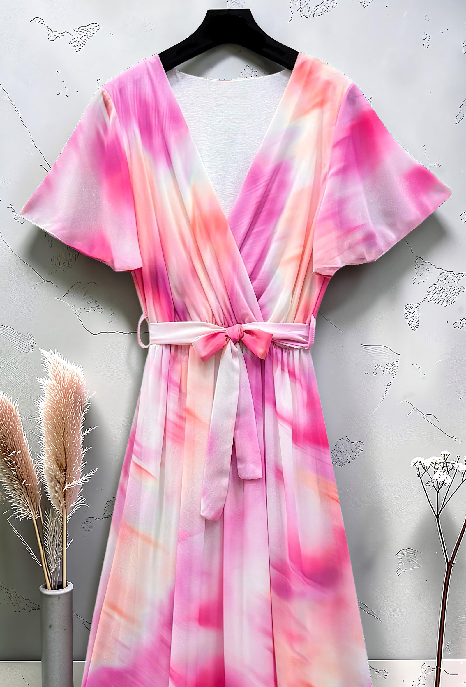 Robe Croisée Longue Imprimée Manches Fluides Fuchsia – La Muse Parisienne – vue 3