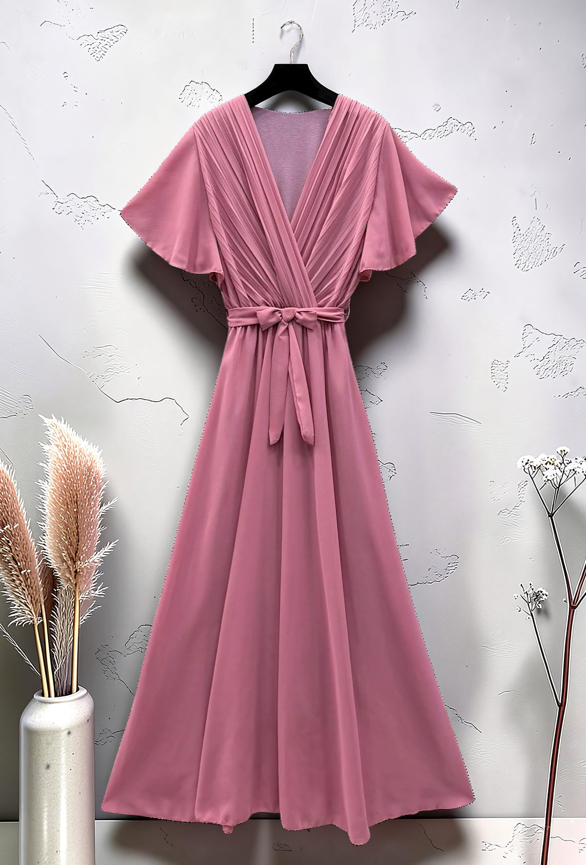Robe Croisée Plissée Très Fluide Doublée Rose – La Muse Parisienne – vue 2