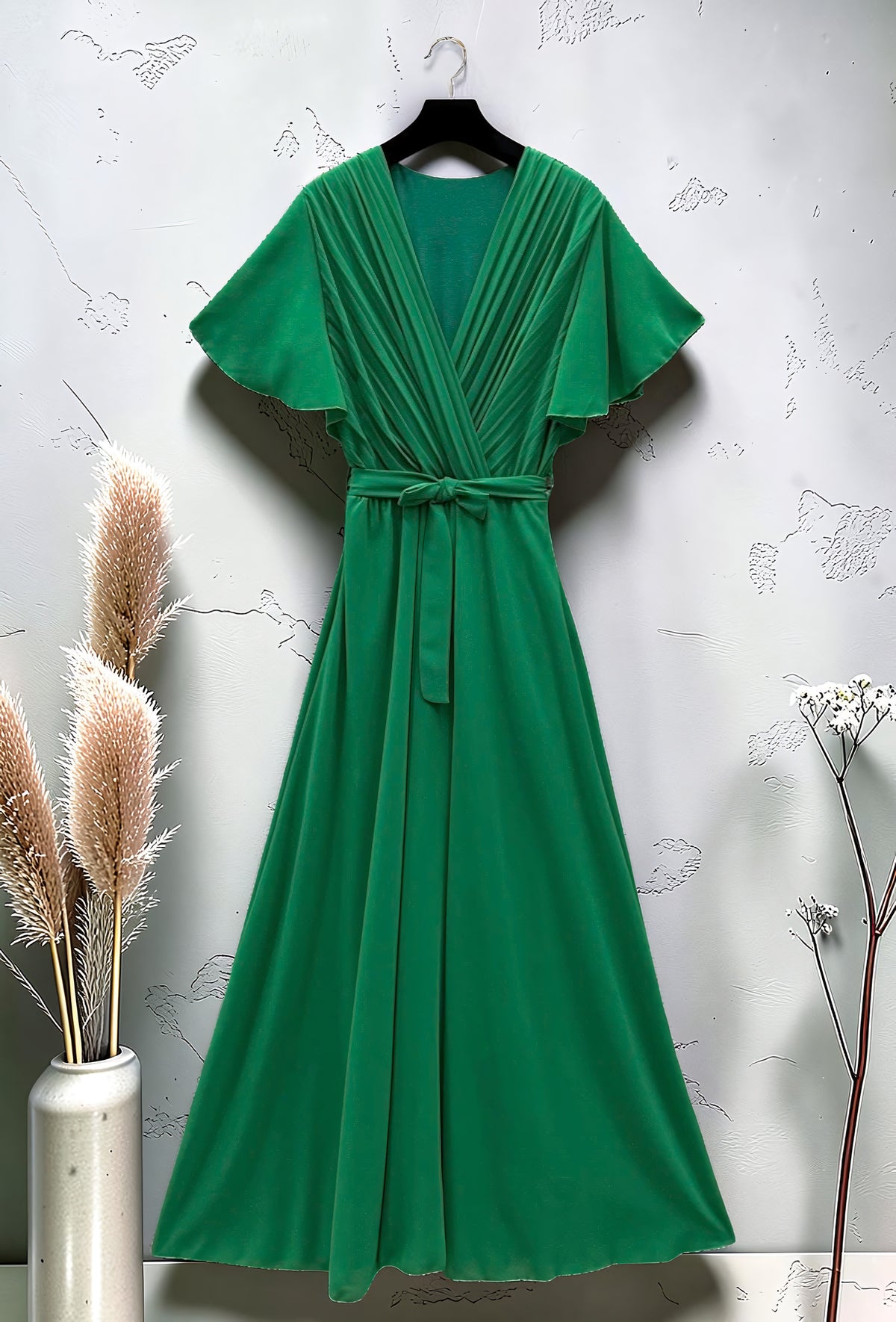 Robe Croisée Plissée Très Fluide Doublée Vert Foncé – La Muse Parisienne – vue 2