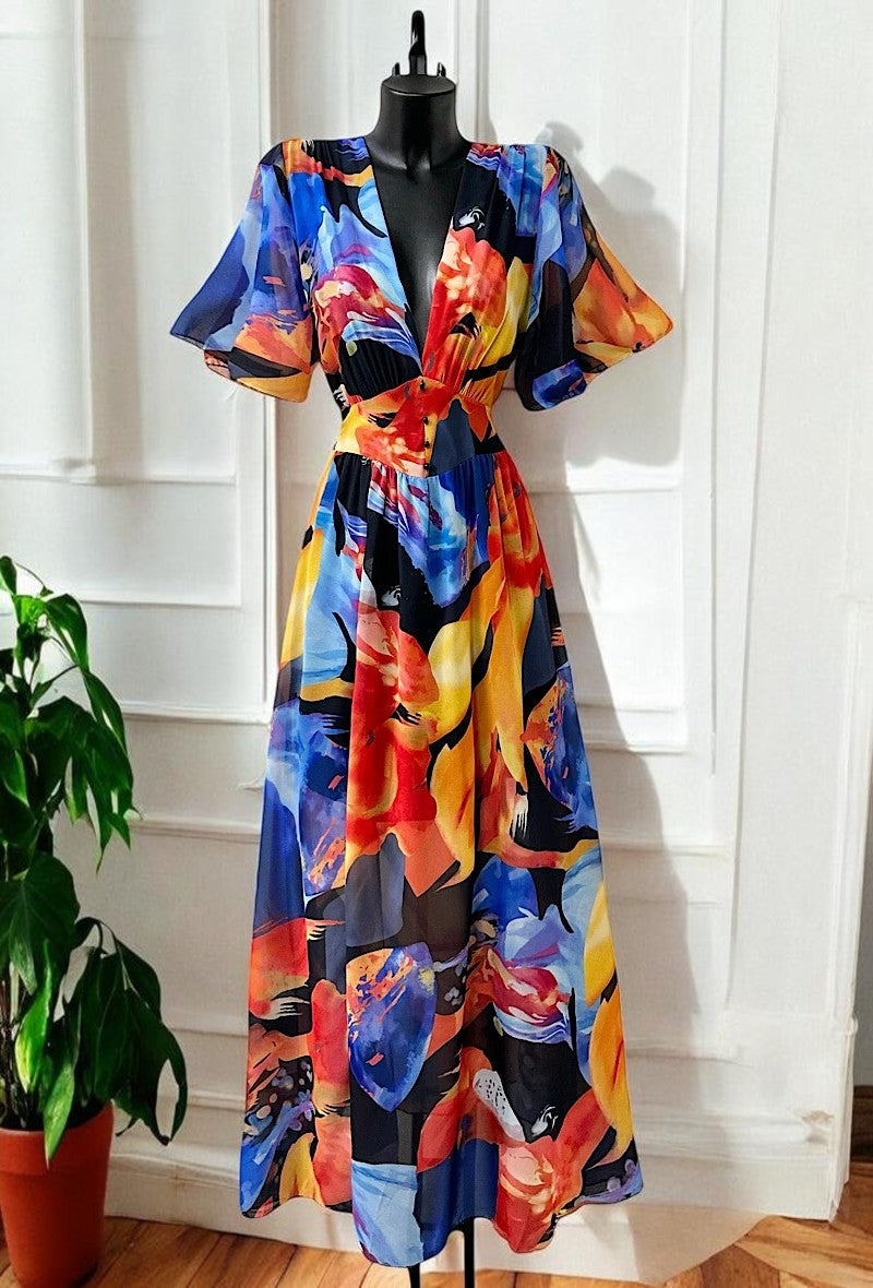 Robe Longue Fluide Imprimée Manches Papillon — Doublure Viscose | Collection 2026