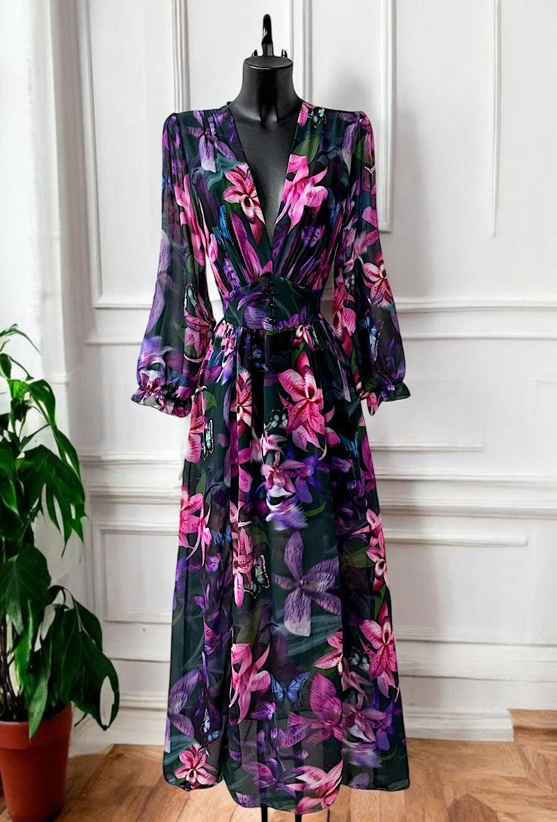 Robe Longue Fleurie Manches Longues — Doublure Viscose | Collection 2026
