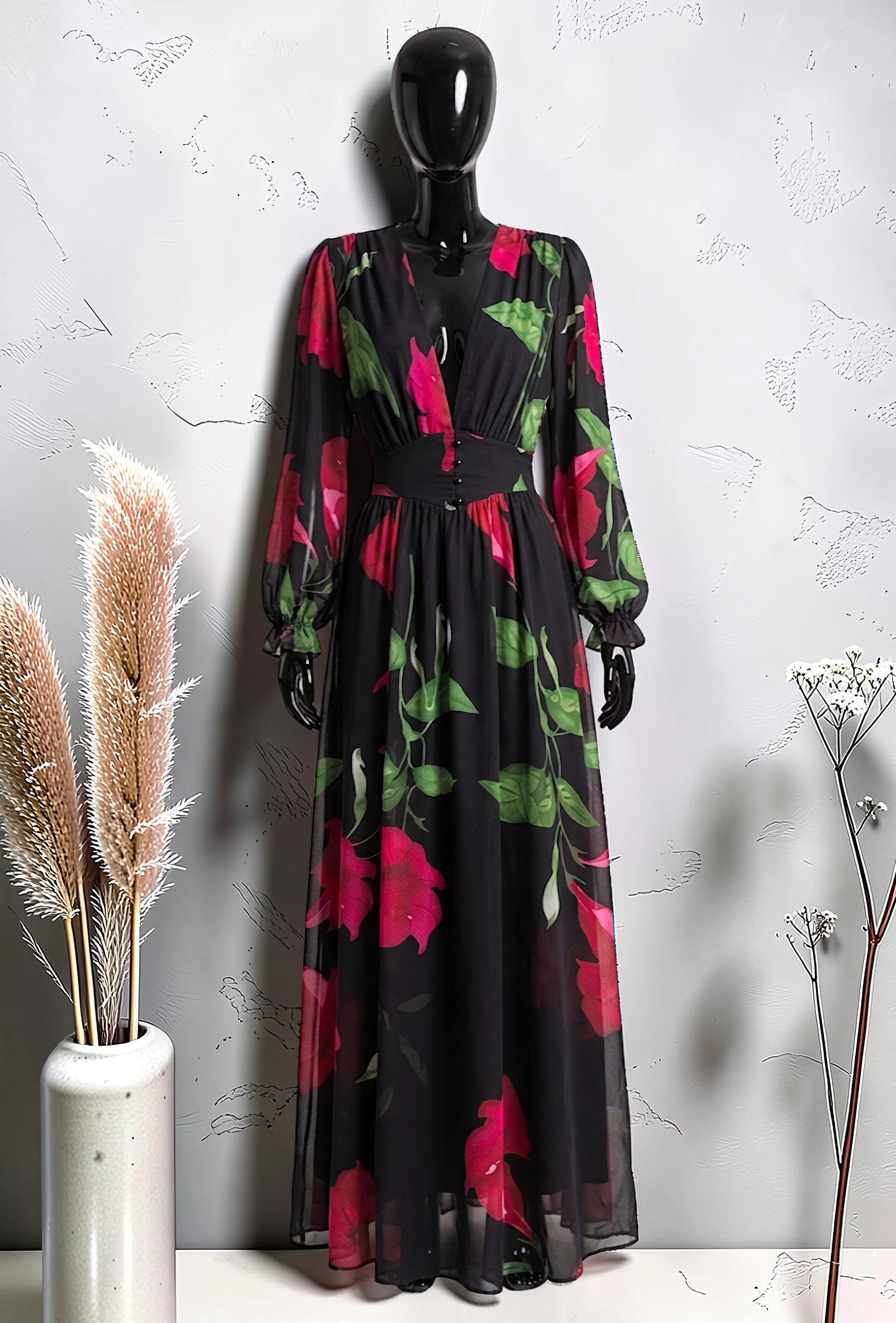 Robe Boutonnée Manches Longues Fendue Noir Fleuri Rose – La Muse Parisienne