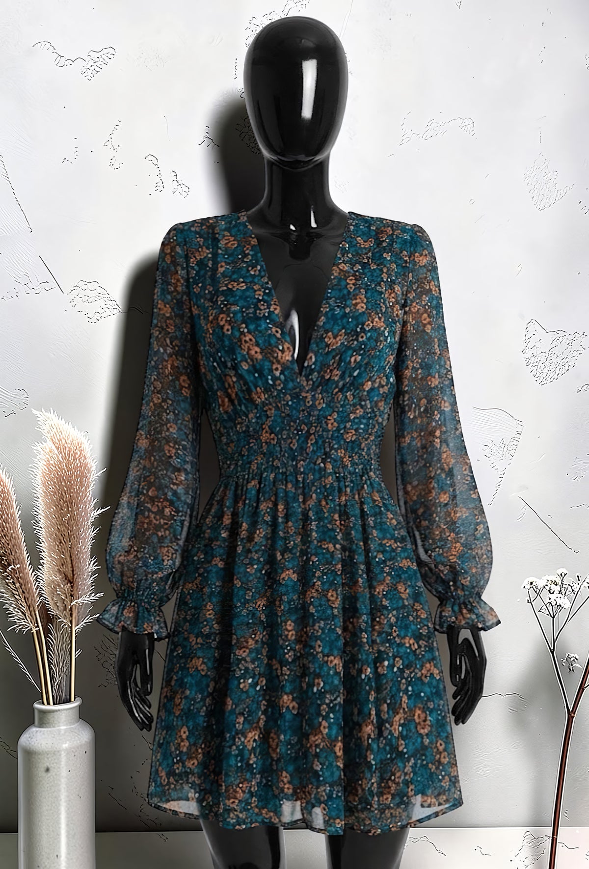 Robe Imprimée Boutonnée Manches Longues Bleu Canard – La Muse Parisienne – vue 1