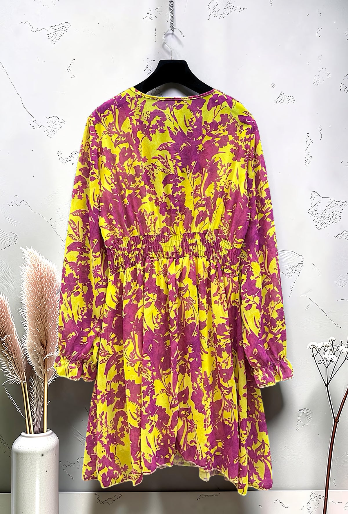 Robe Imprimée Boutonnée Manches Longues Jaune Fuchsia – La Muse Parisienne – vue 2