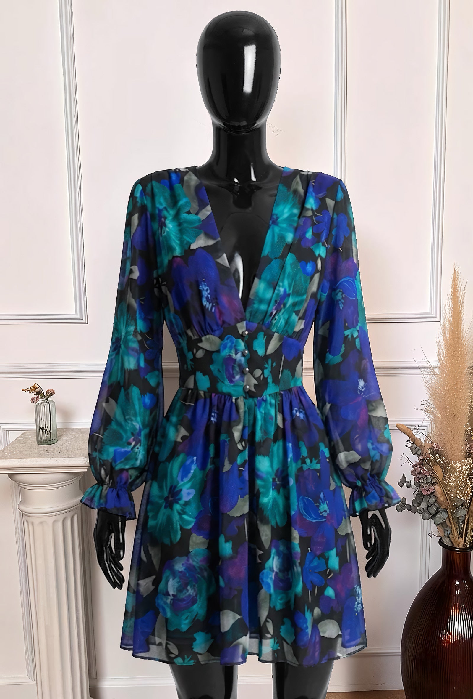 Robe Imprimée Boutonnée Manches Longues Noir Floral Bleu – La Muse Parisienne – vue 1