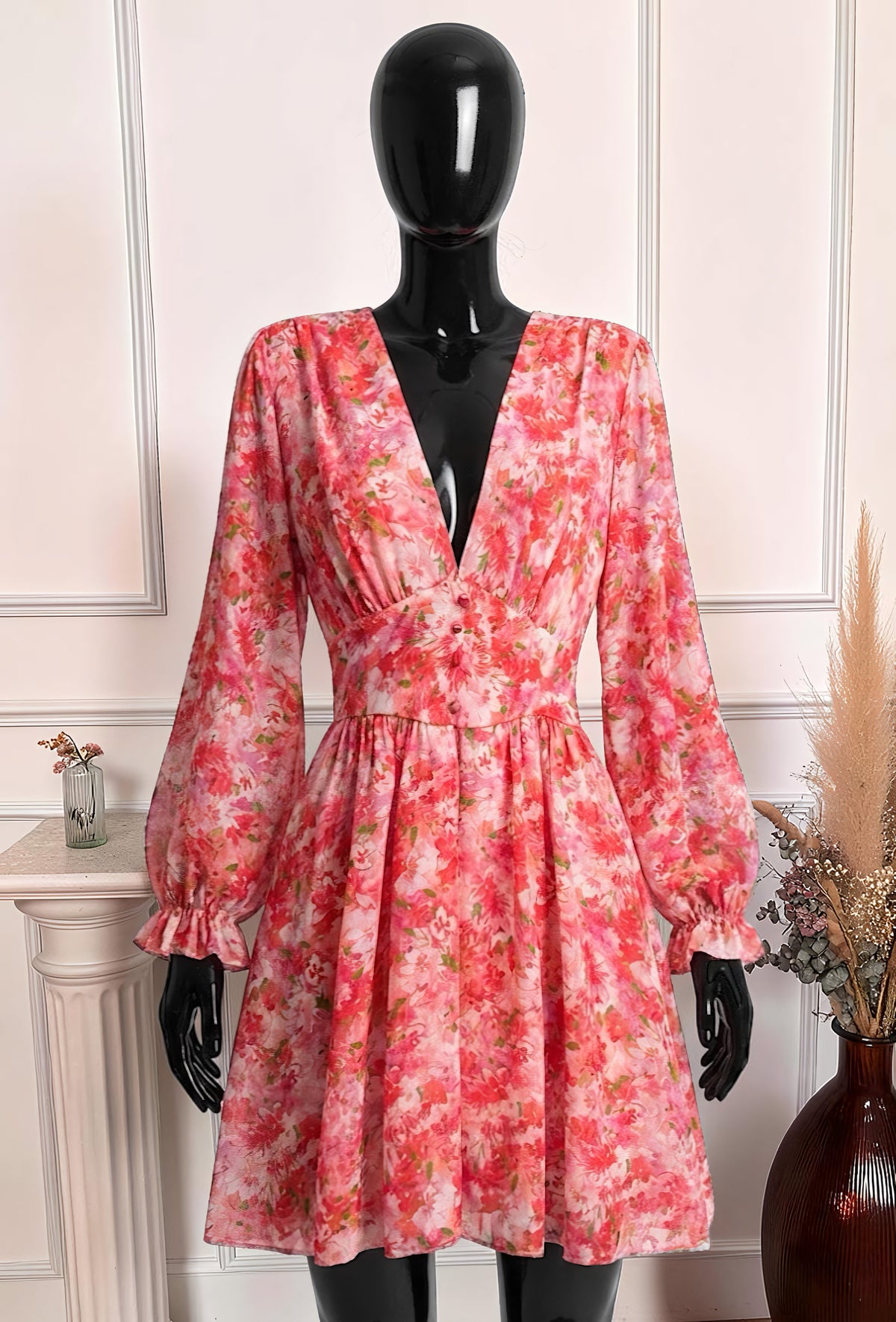 Robe Imprimée Boutonnée Manches Longues Rouge – La Muse Parisienne – vue 1