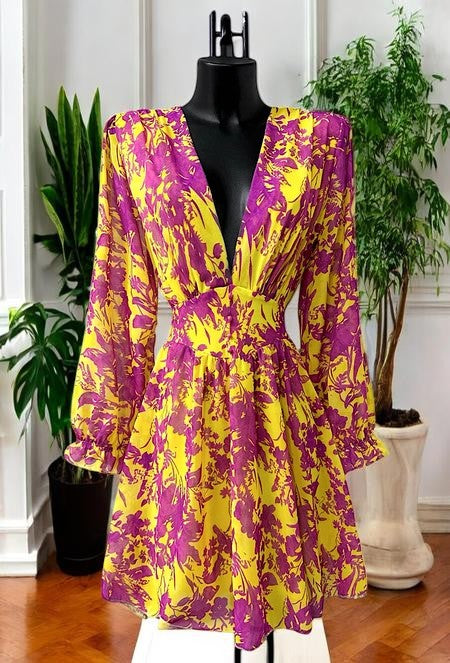 Robe Courte Fleurie Manches Longues — Doublure Viscose | Collection 2026