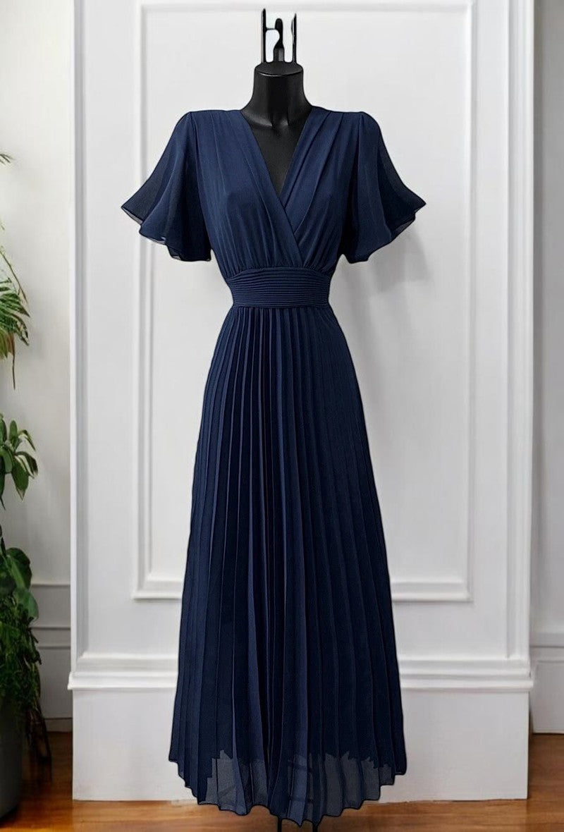Robe Longue Croisée Plissée Manches Papillon — Doublure Viscose | Collection 2026