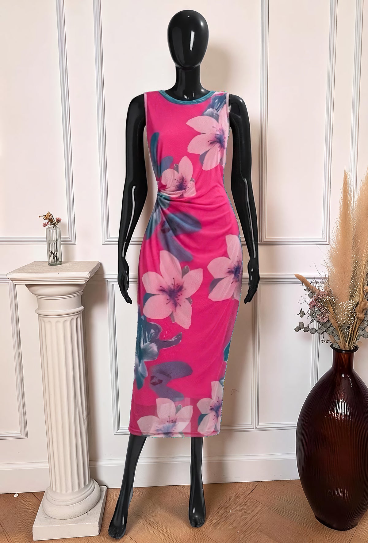 Robe Imprimée Manches Longues Doublée Fuchsia – La Muse Parisienne – vue 1