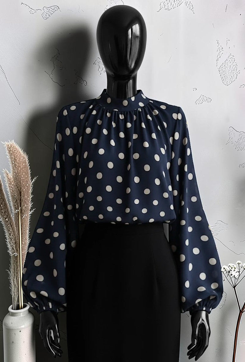 Blouse à Manches Longues Fluide Romantique et Tendance avec Doublure en Viscose Marine
