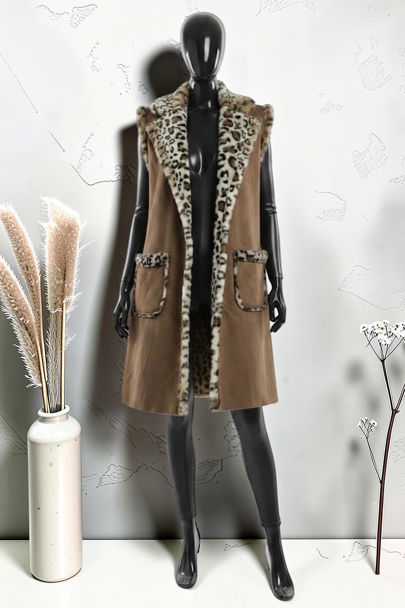 Manteau sans Manches en Fausse Fourrure Léopard et Daim Automnal Caramel