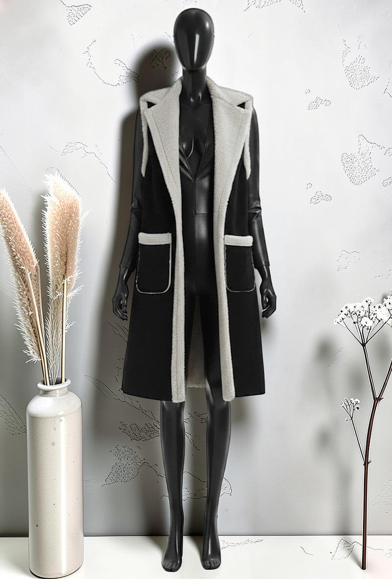 Manteau sans Manches en Laine Bouillie Automnal Chic et Tendance Noir