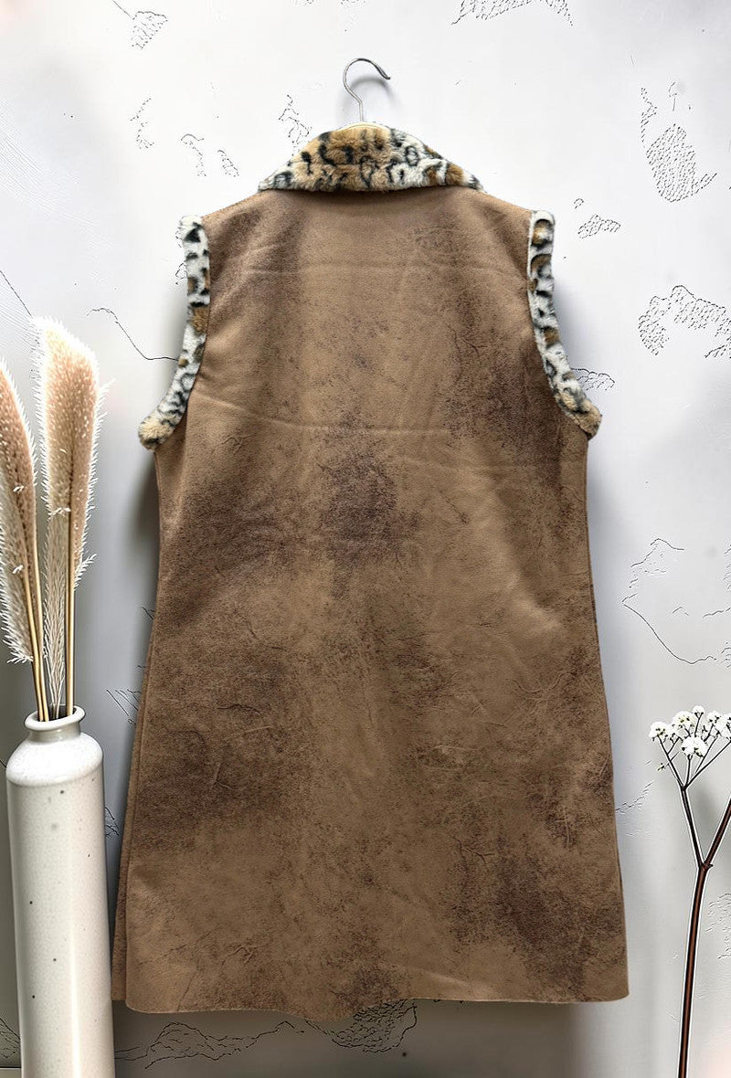 Manteau sans Manches en Fausse Fourrure Léopard et Daim Automnal Caramel