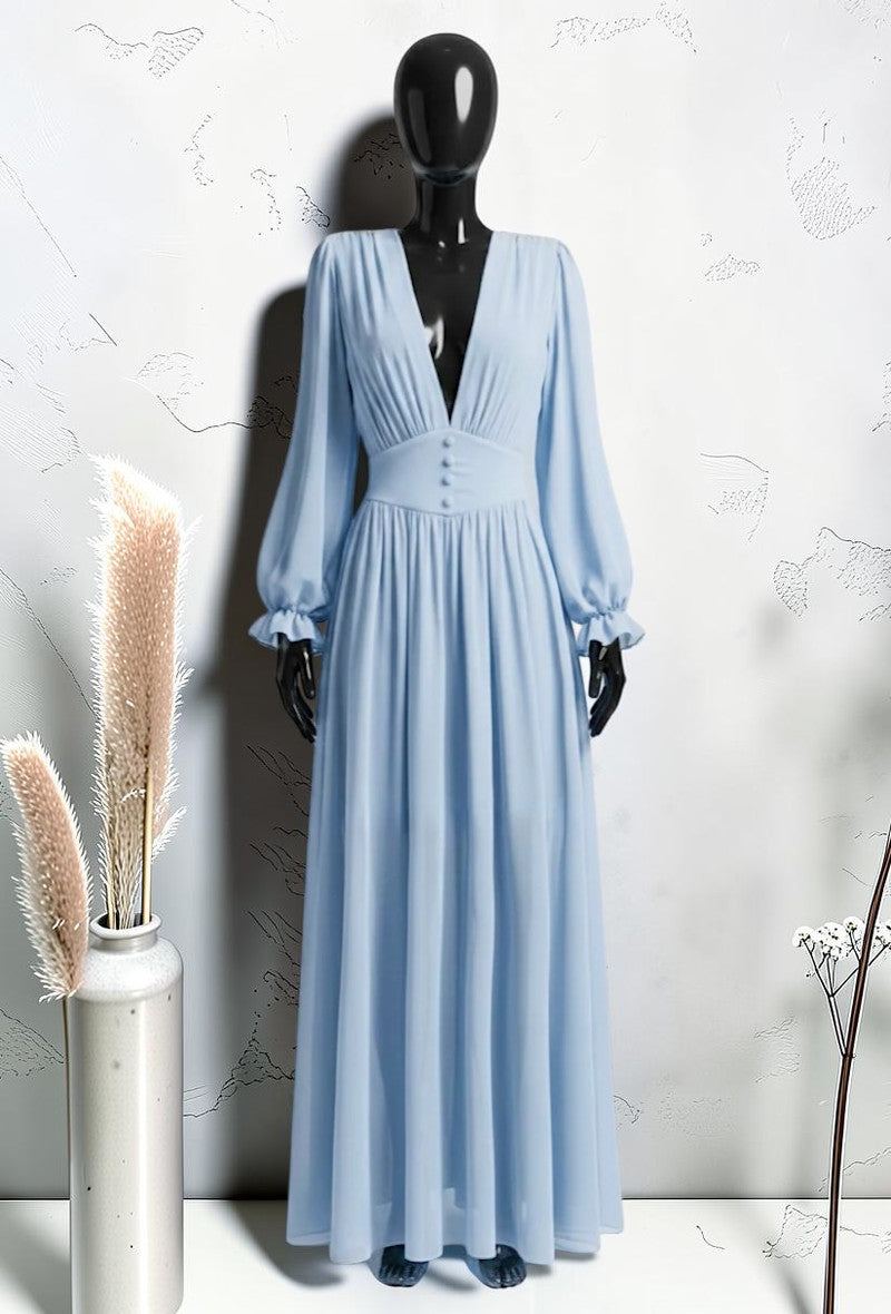 Robe à Manches Longues Boutonnée avec Doublure en Viscose et Fente Bleu ciel
