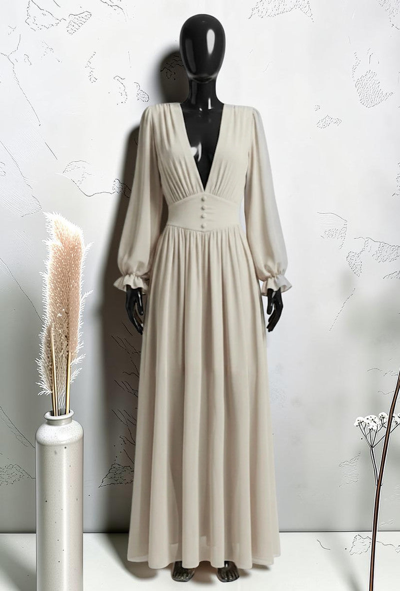 Robe à Manches Longues Boutonnée avec Doublure en Viscose et Fente Beige
