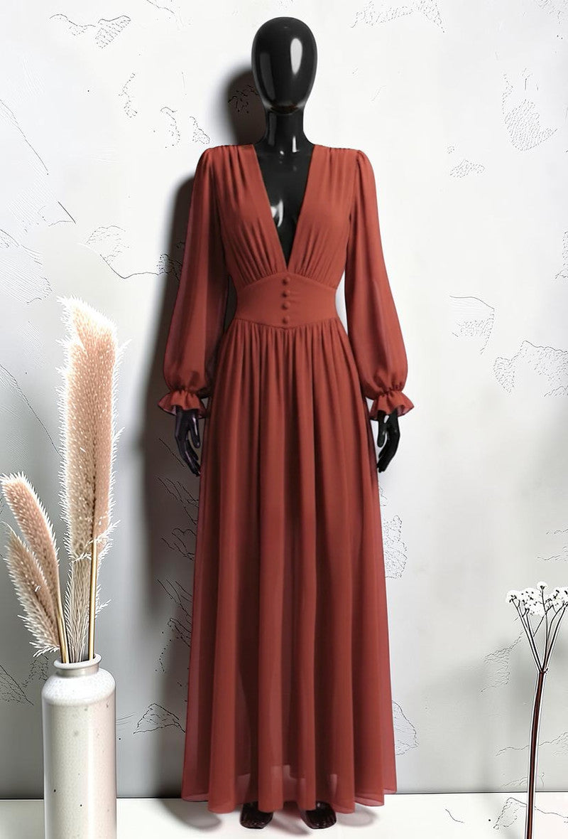 Robe à Manches Longues Boutonnée avec Doublure en Viscose et Fente Terracotta