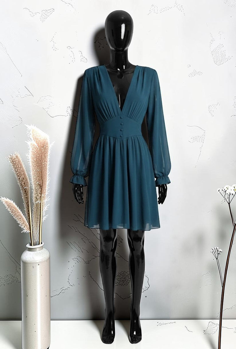 Robe Unie à Manches Longues Boutonnée avec Doublure en Viscose Bleu petrole