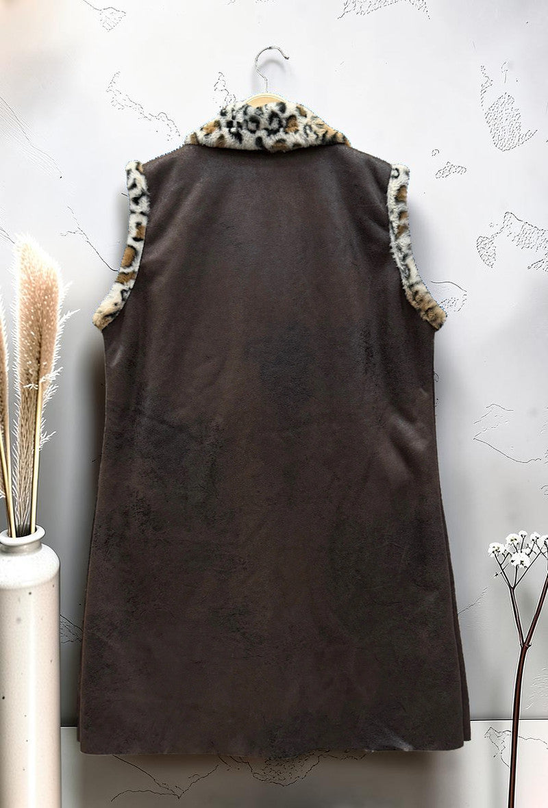 Manteau sans Manches en Fausse Fourrure Léopard et Daim Automnal Marron Foncé