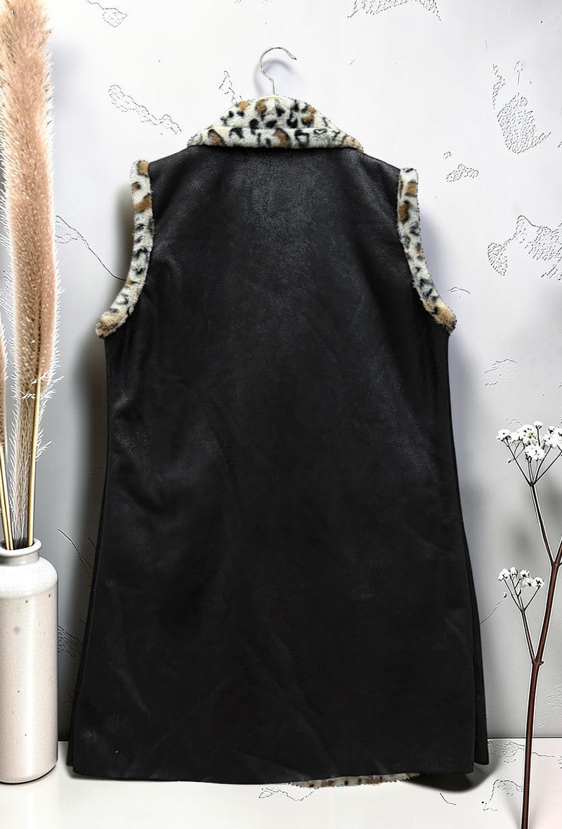 Manteau sans Manches en Fausse Fourrure Léopard et Daim Automnal Noir