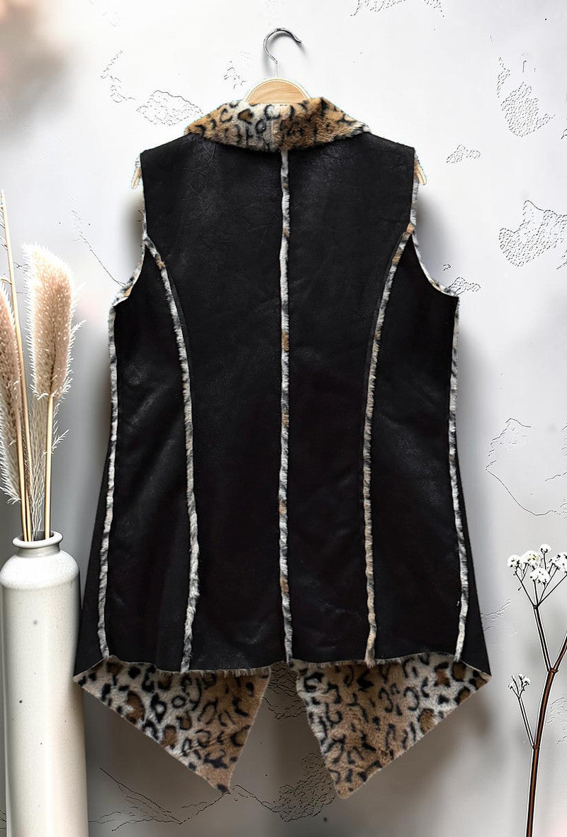 Manteau Sans Manches Façon Fausse Fourrure Léopard et Daim Automnal Noir