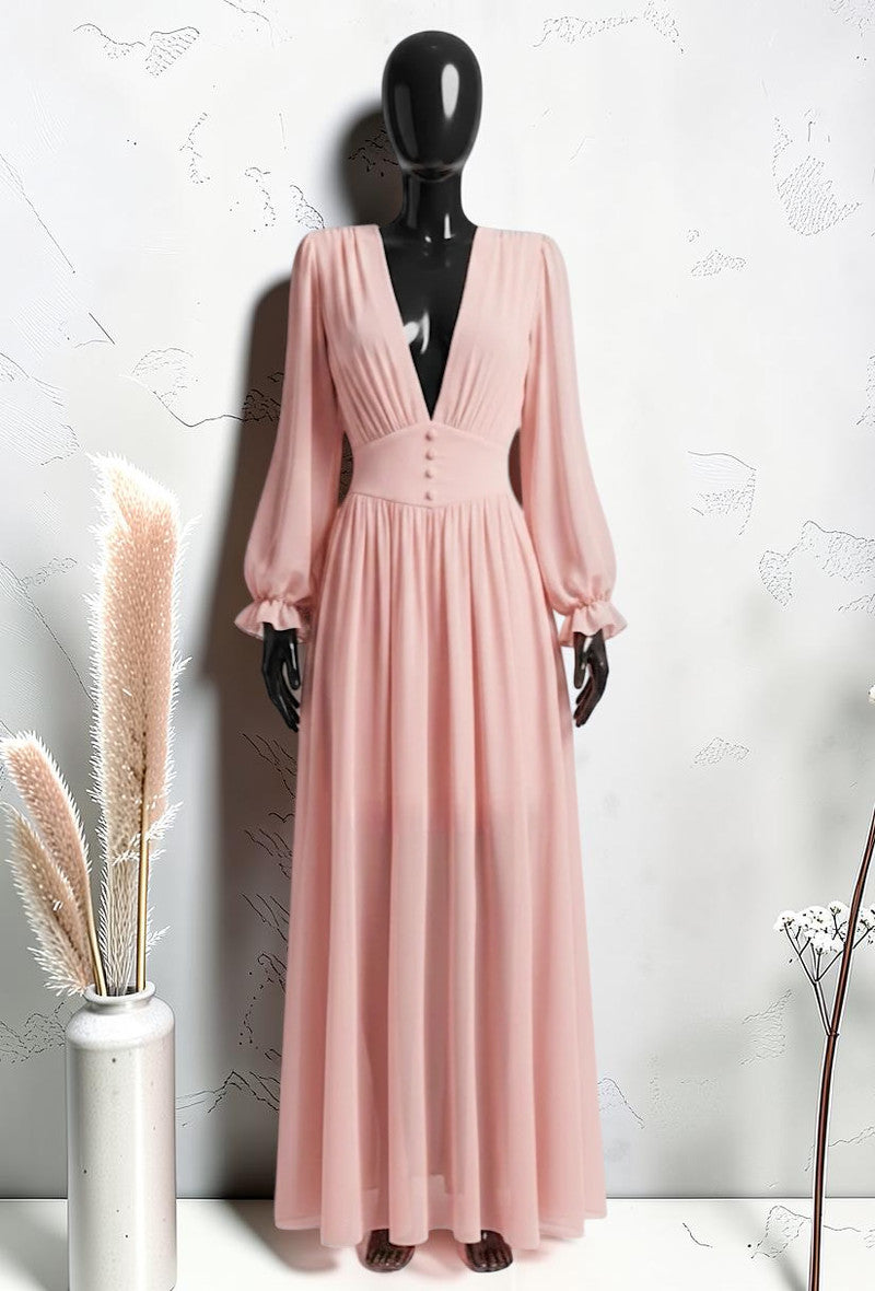 Robe à Manches Longues Boutonnée avec Doublure en Viscose et Fente Blush