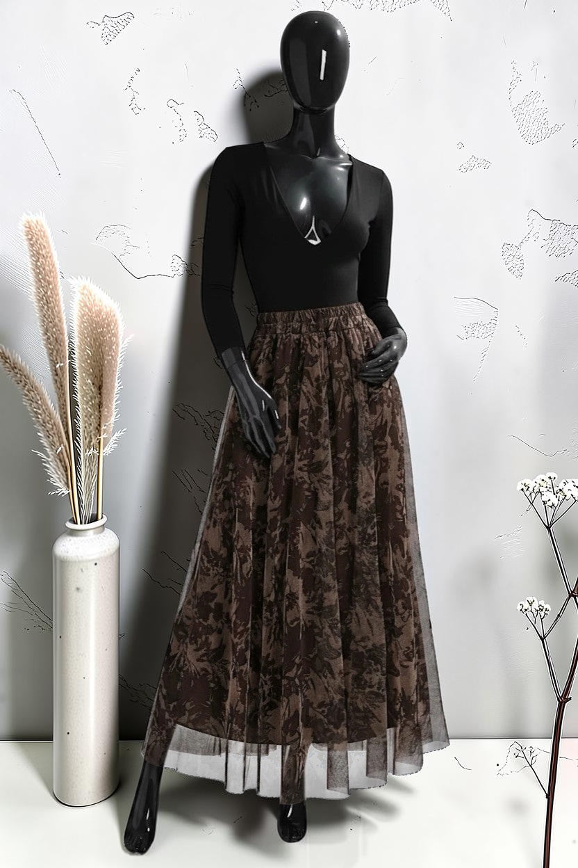 Jupe en Tulle Très Fluide avec Doublure en Viscose Marron Foncé