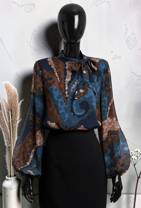 Blouse Manches Fluides Romantique Chic et Tendance avec Doublure en Viscose Marine