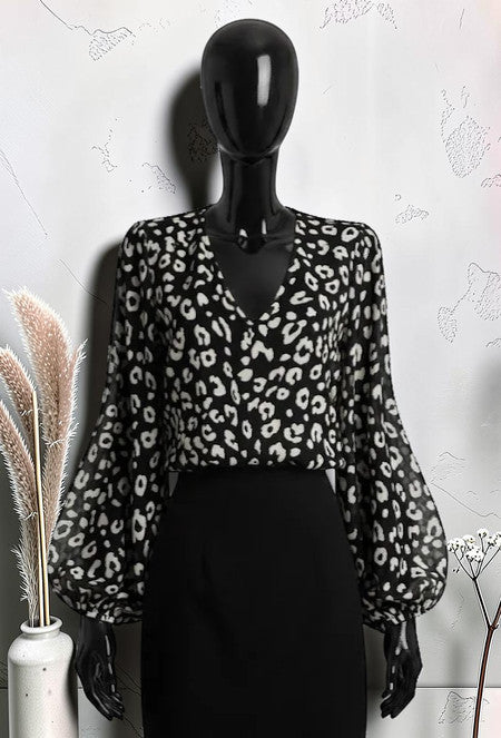 Blouse Imprimée à Manches Fluide Romantique Chic et Tendance avec Doublure Noir