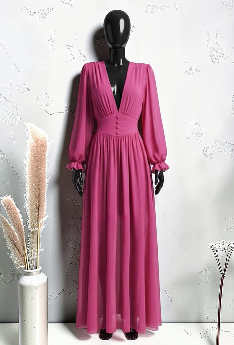 Robe à Manches Longues Boutonnée avec Doublure en Viscose et Fente Fuchsia